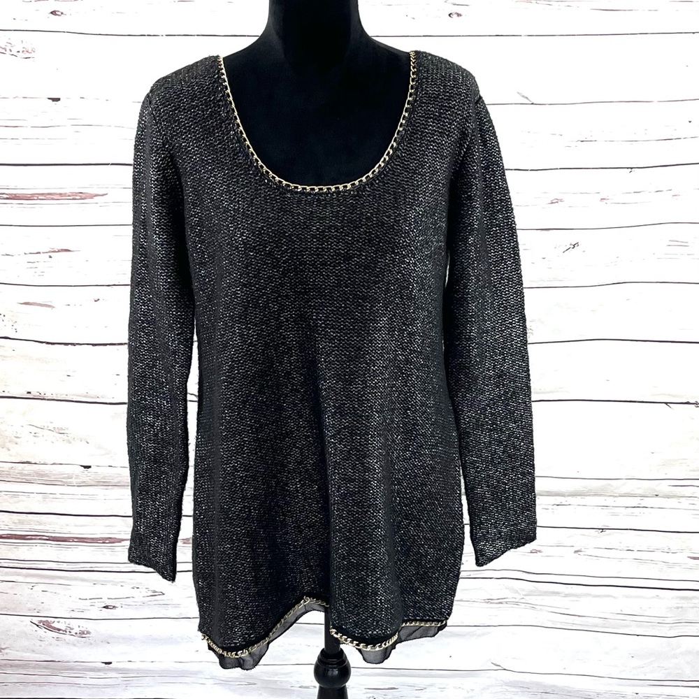 Soft Surroundings Pull Over Sweater Womens Size L Black Metallic Chain Trimmed.